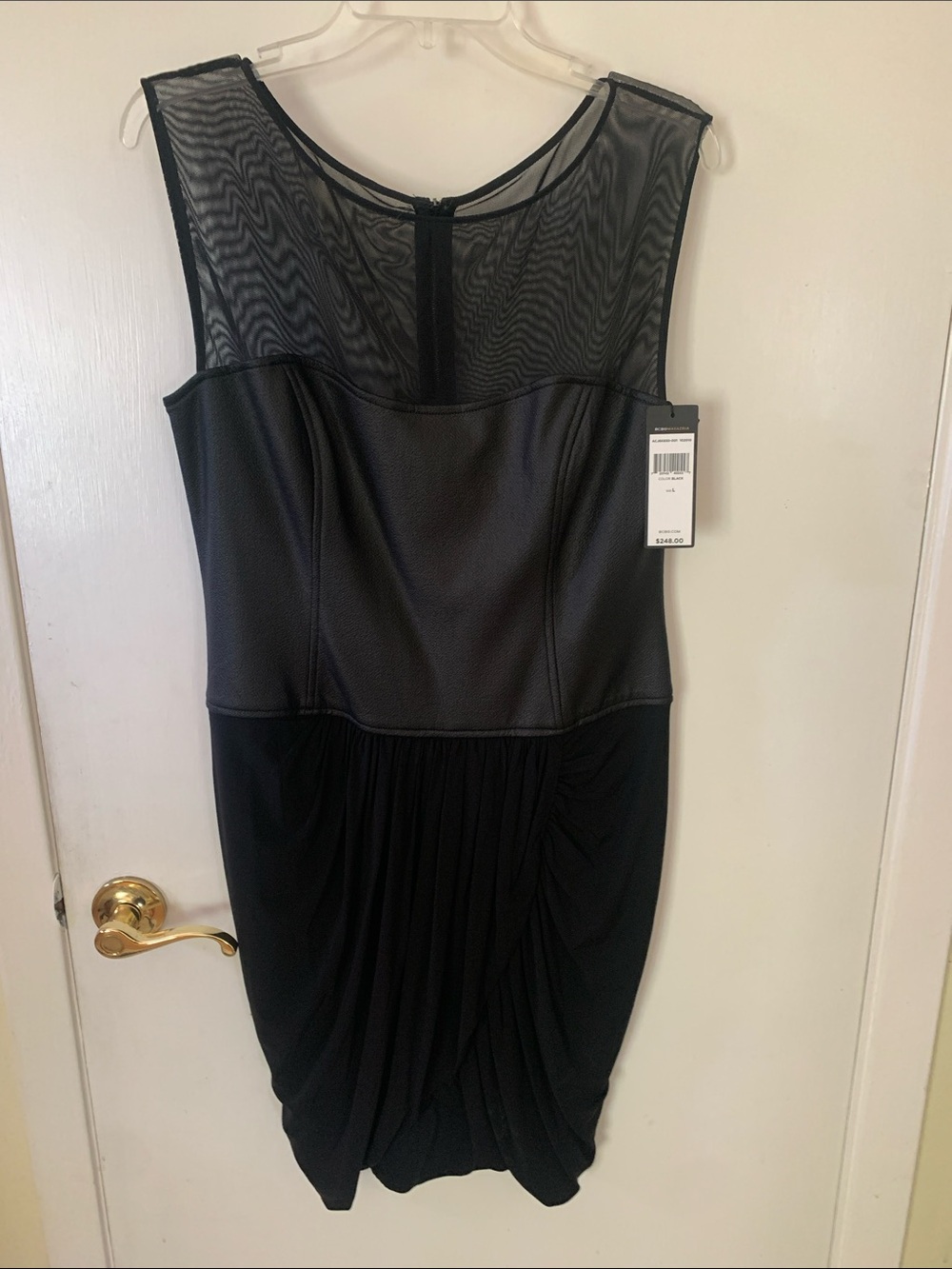 BCBGMaxAzria Black Mesh Yoke Draped Midi Dress